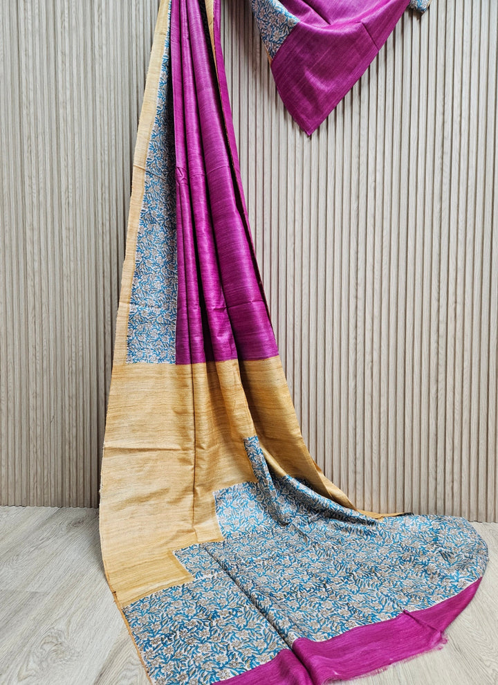 Purple & Mustard Handloom Printed Ghicha Tussar Silk Saree Balaram Saha