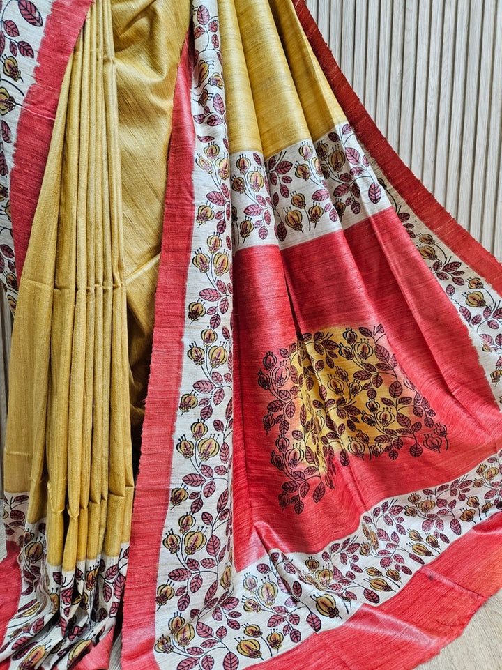 Mustard & Red Handloom Printed Ghicha Tussar Silk Saree Balaram Saha