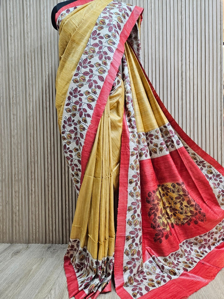 Mustard & Red Handloom Printed Ghicha Tussar Silk Saree Balaram Saha
