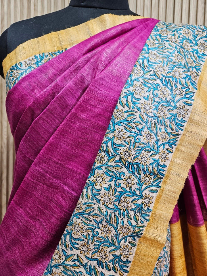 Purple & Mustard Handloom Printed Ghicha Tussar Silk Saree Balaram Saha