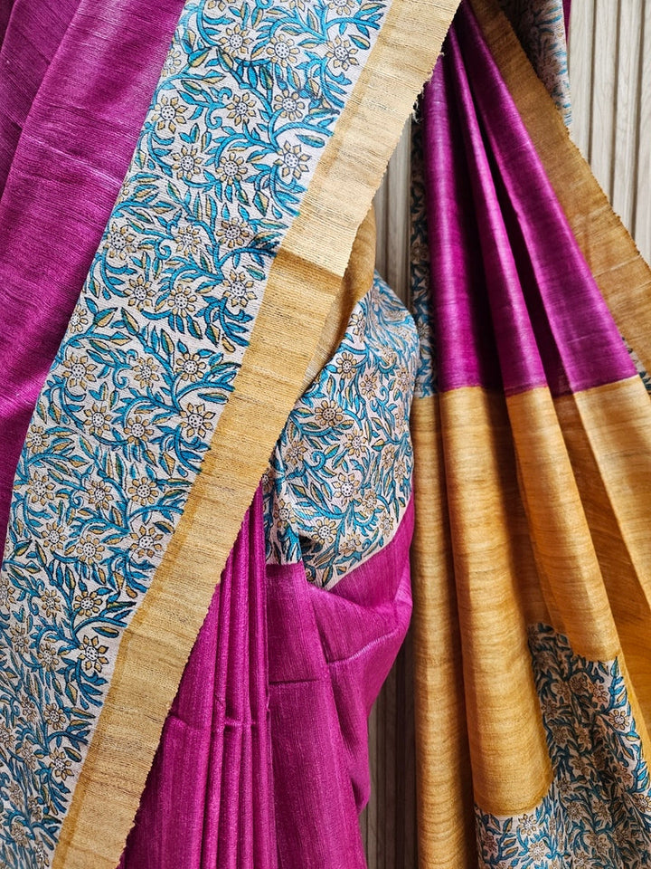 Purple & Mustard Handloom Printed Ghicha Tussar Silk Saree Balaram Saha