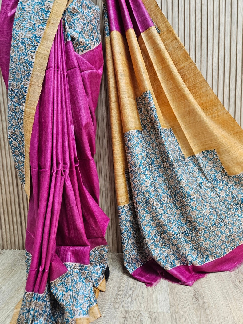 Purple & Mustard Handloom Printed Ghicha Tussar Silk Saree Balaram Saha