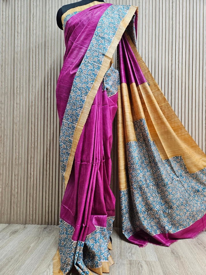 Purple & Mustard Handloom Printed Ghicha Tussar Silk Saree Balaram Saha