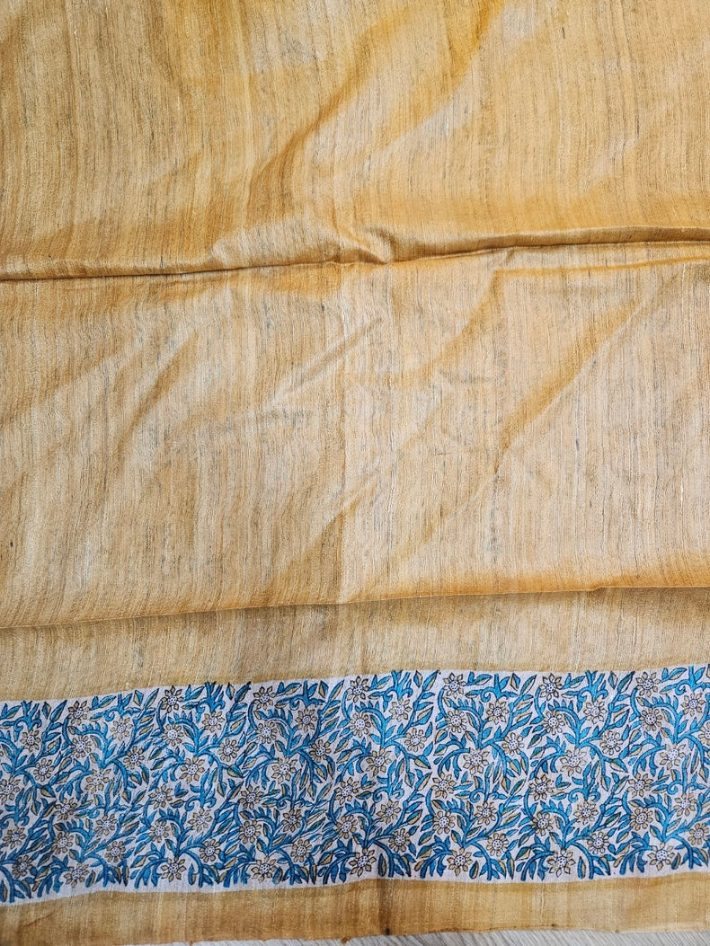 Purple & Mustard Handloom Printed Ghicha Tussar Silk Saree Balaram Saha