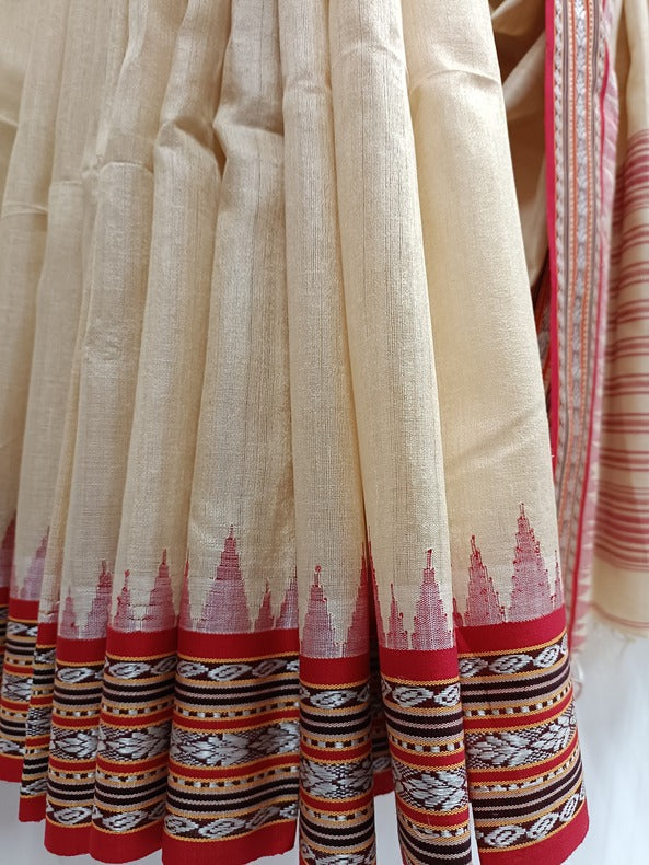 Beige & Red Handloom Vidarbha Tussar Silk Saree With Contrast Border Balaram Saha