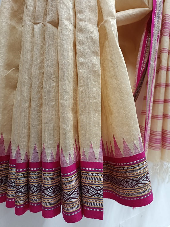 Beige & Purple, Handloom Vidarbha Tussar Silk Saree with Multicolor Contrast Border Balaram Saha