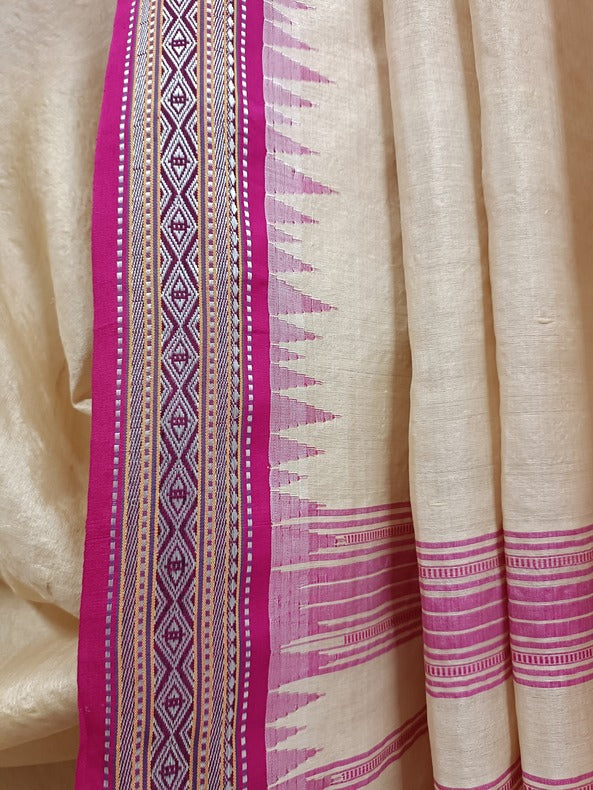 Beige & Purple, Handloom Vidarbha Tussar Silk Saree with Multicolor Contrast Border Balaram Saha