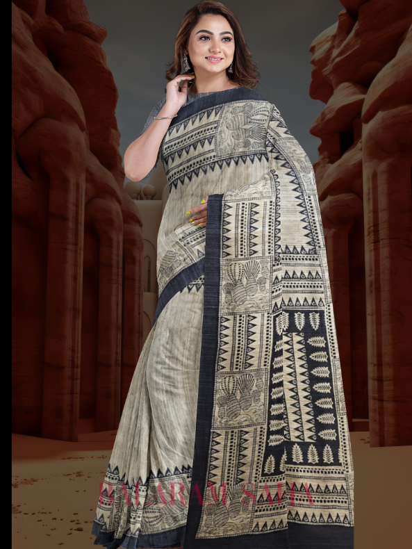 Beige & Black Handloom Ghicha Tussar Printed Silk Saree Balaram Saha