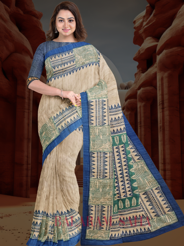 Beige & Blue Handloom Ghicha Tussar Printed Silk Saree Balaram Saha