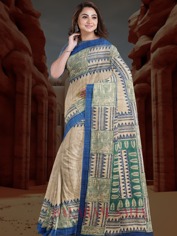 Beige & Blue Handloom Ghicha Tussar Printed Silk Saree Balaram Saha