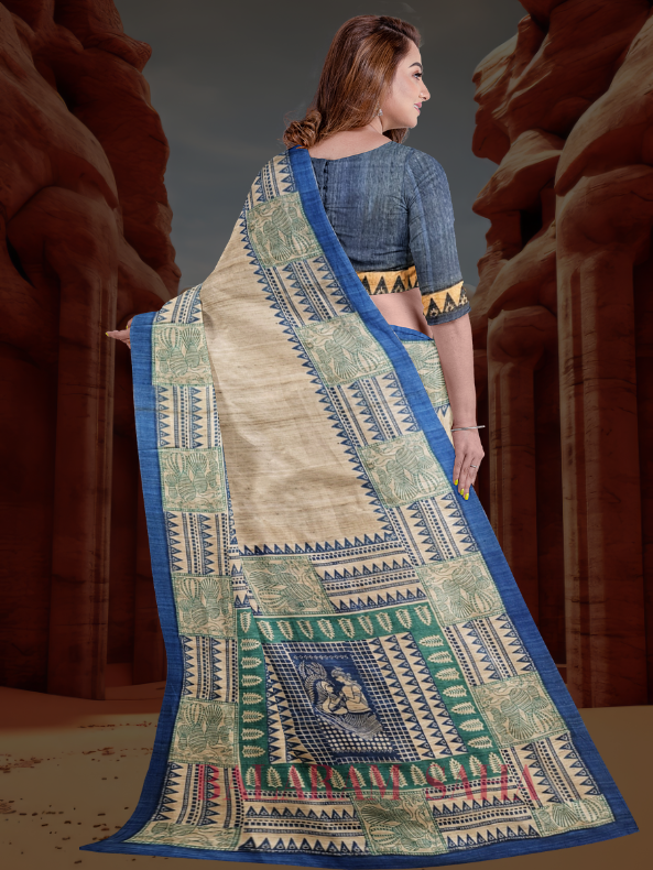 Beige & Blue Handloom Ghicha Tussar Printed Silk Saree Balaram Saha