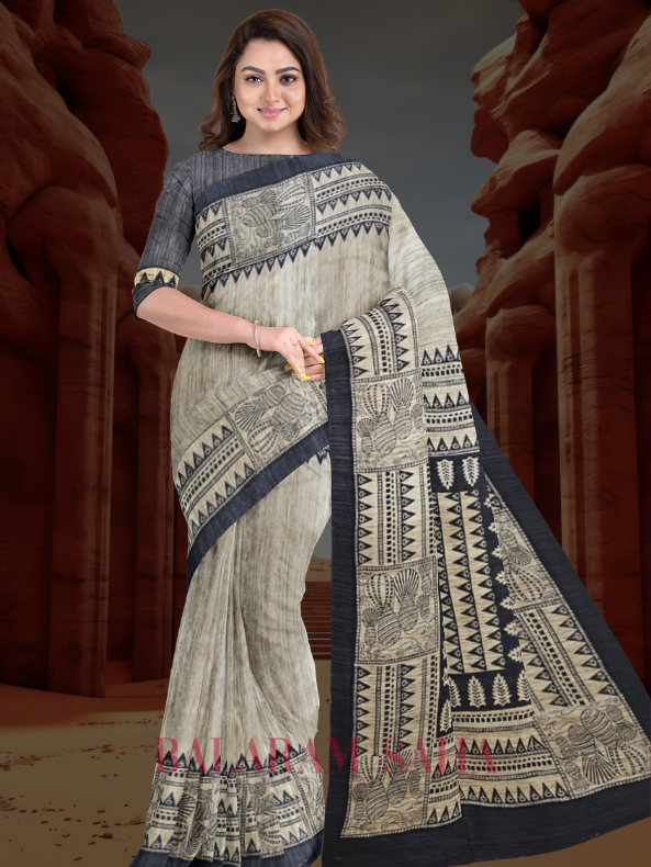 Beige & Black Handloom Ghicha Tussar Printed Silk Saree Balaram Saha