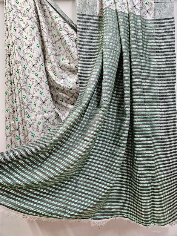 Pure Katan Magic: White & Green Kantha Silk Saree by Balaram Saha - (handloom saree, silk saree, handloom silk saree, balaram saha online, silk sarees, silk handloom saree, bengal handloom sarees, pure silk, katan silk saree, silk saree online, katan silk)    https://www.yahoo.com/news/