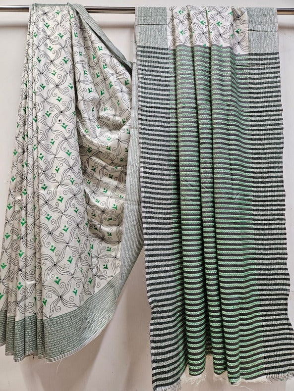 Pure Katan Magic: White & Green Kantha Silk Saree by Balaram Saha - (handloom saree, silk saree, handloom silk saree, balaram saha online, silk sarees, silk handloom saree, bengal handloom sarees, pure silk, katan silk saree, silk saree online, katan silk)    https://www.usatoday.com/