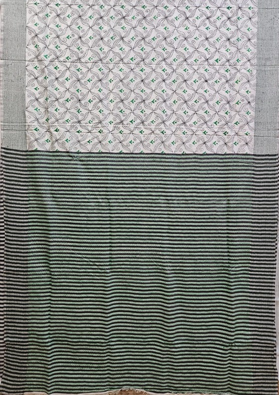 Pure Katan Magic: White & Green Kantha Silk Saree by Balaram Saha - (handloom saree, silk saree, handloom silk saree, balaram saha online, silk sarees, silk handloom saree, bengal handloom sarees, pure silk, katan silk saree, silk saree online, katan silk)