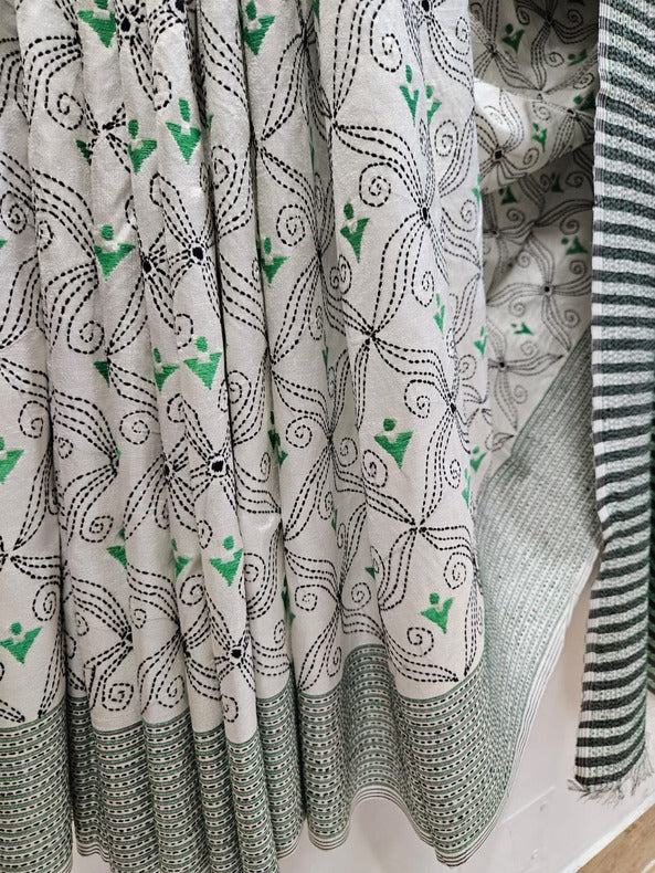 Pure Katan Magic: White & Green Kantha Silk Saree by Balaram Saha - (handloom saree, silk saree, handloom silk saree, balaram saha online, silk sarees, silk handloom saree, bengal handloom sarees, pure silk, katan silk saree, silk saree online, katan silk)    https://www.wikipedia.org/