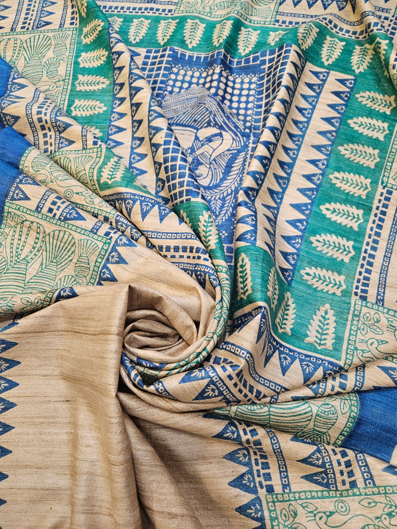 Beige & Blue Handloom Ghicha Tussar Printed Silk Saree Balaram Saha