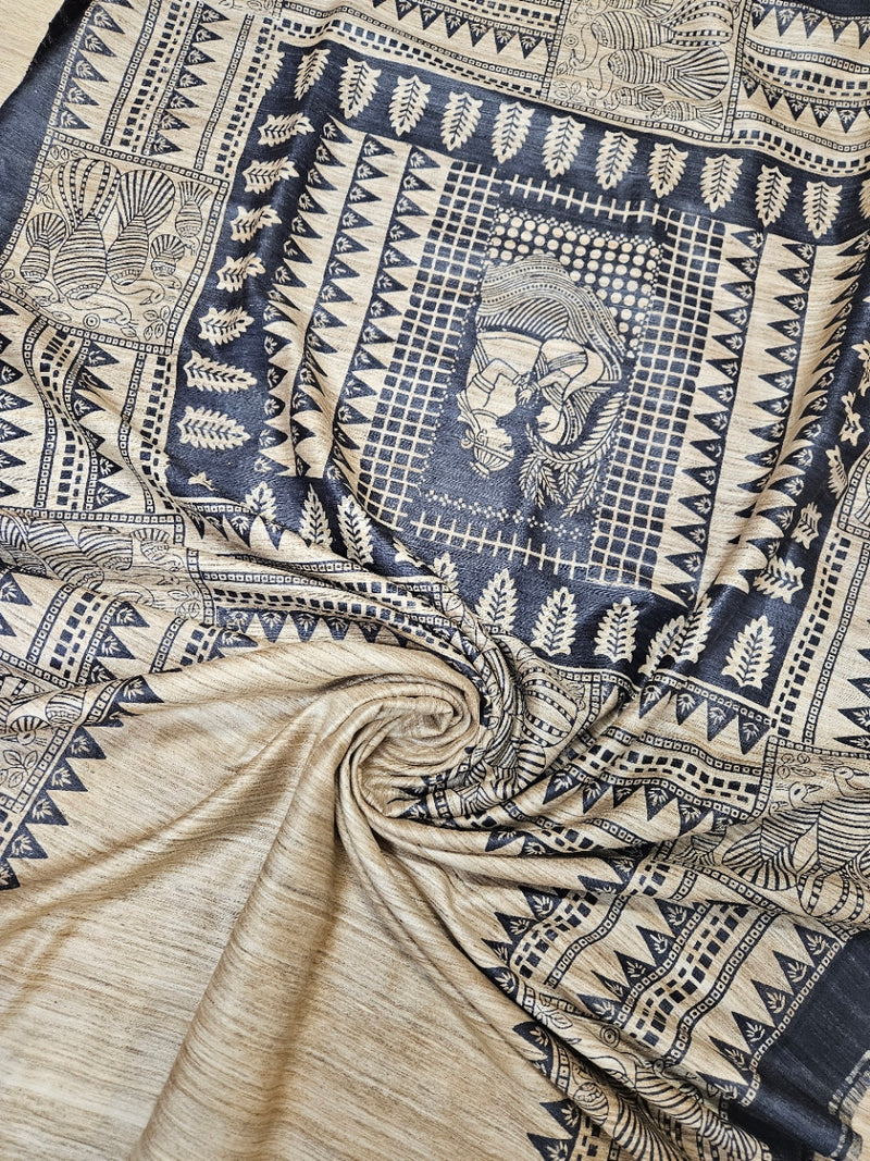 Beige & Black Handloom Ghicha Tussar Printed Silk Saree Balaram Saha