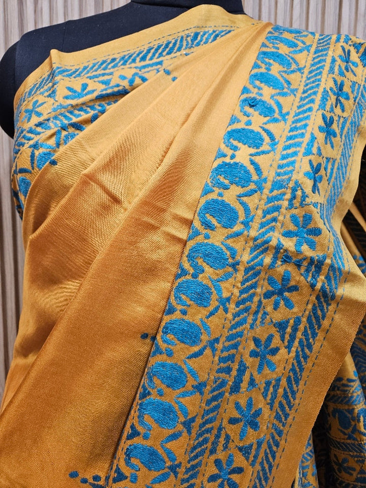 Black & Blue Handstitched Kantha Silk Saree with Intricate Nakshi by Balaram Saha Balaram Saha