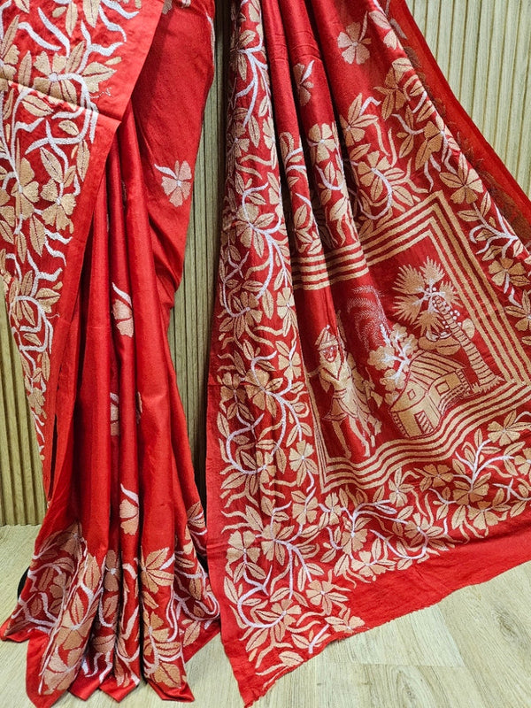 Exclusive Balaram Saha Maroon & White Pure Kantha Silk Saree Balaram Saha