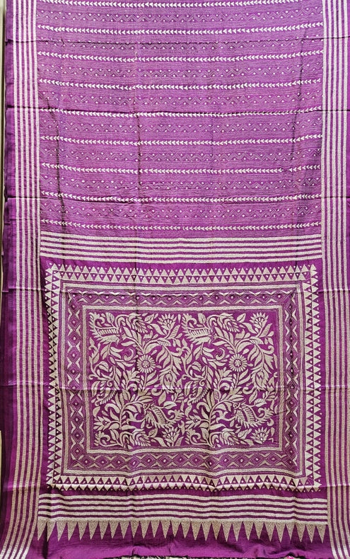 Purple & White Handstitched Kantha Silk Saree with Floral Motifs by Balaram Saha Balaram Saha