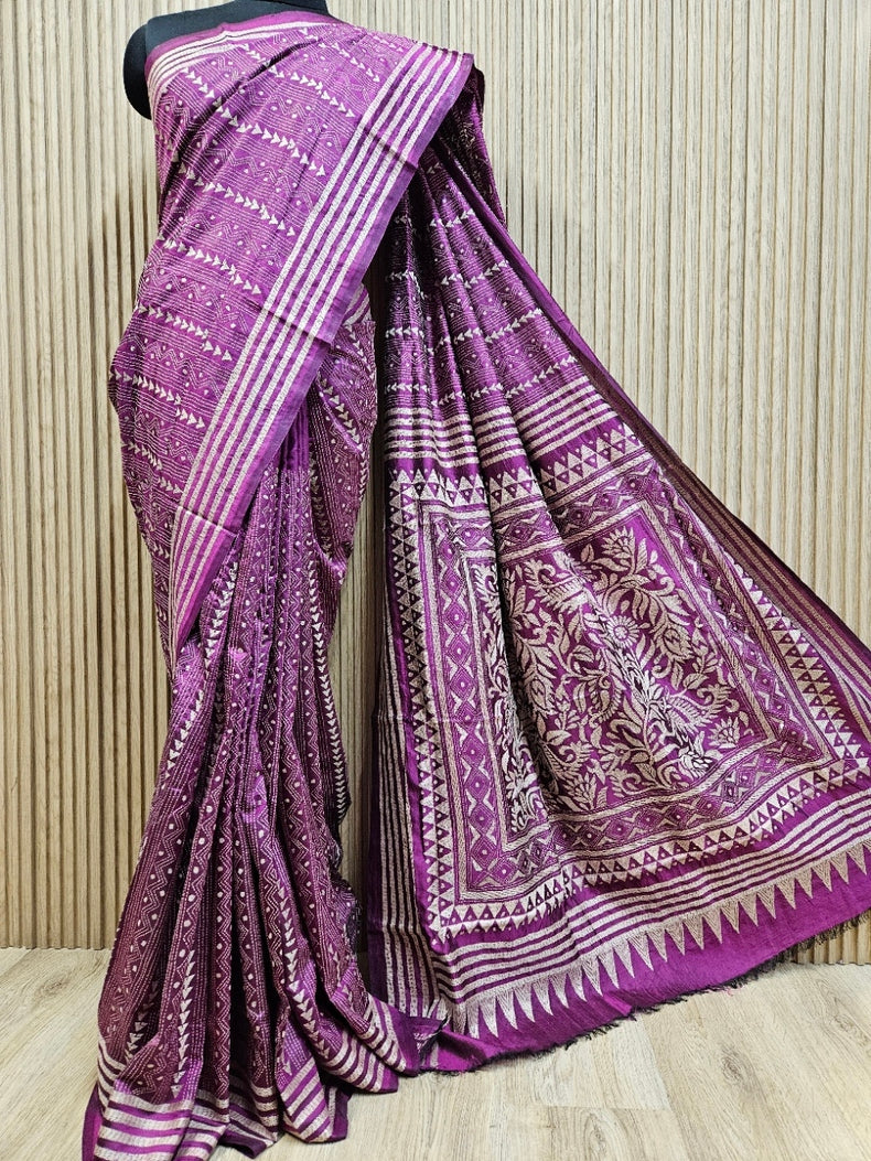Purple & White Handstitched Kantha Silk Saree with Floral Motifs by Balaram Saha Balaram Saha