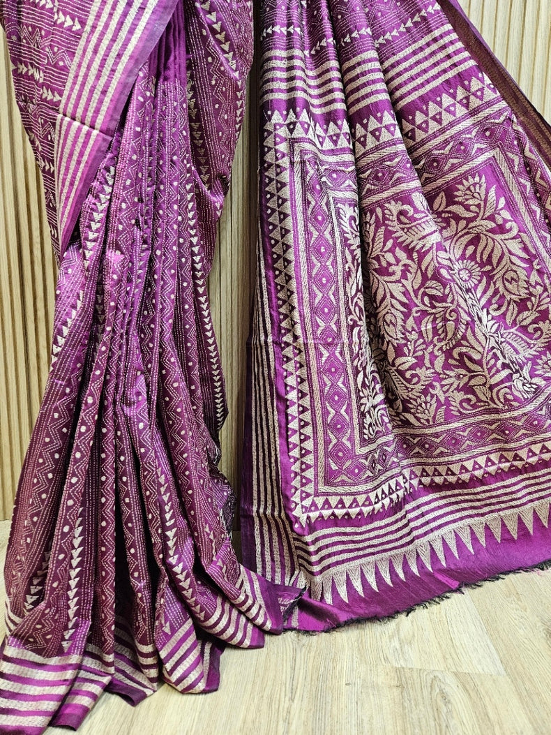 Purple & White Handstitched Kantha Silk Saree with Floral Motifs by Balaram Saha Balaram Saha