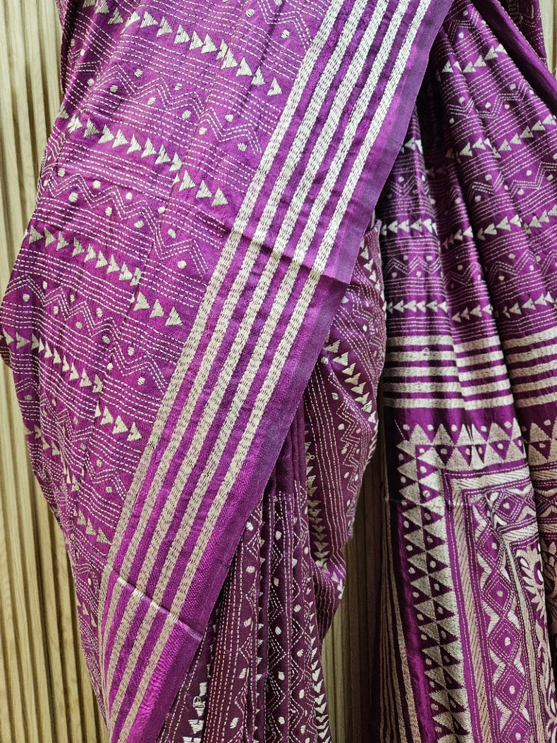 Purple & White Handstitched Kantha Silk Saree with Floral Motifs by Balaram Saha Balaram Saha