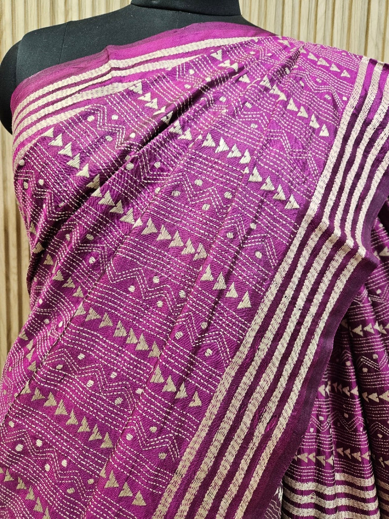 Purple & White Handstitched Kantha Silk Saree with Floral Motifs by Balaram Saha Balaram Saha