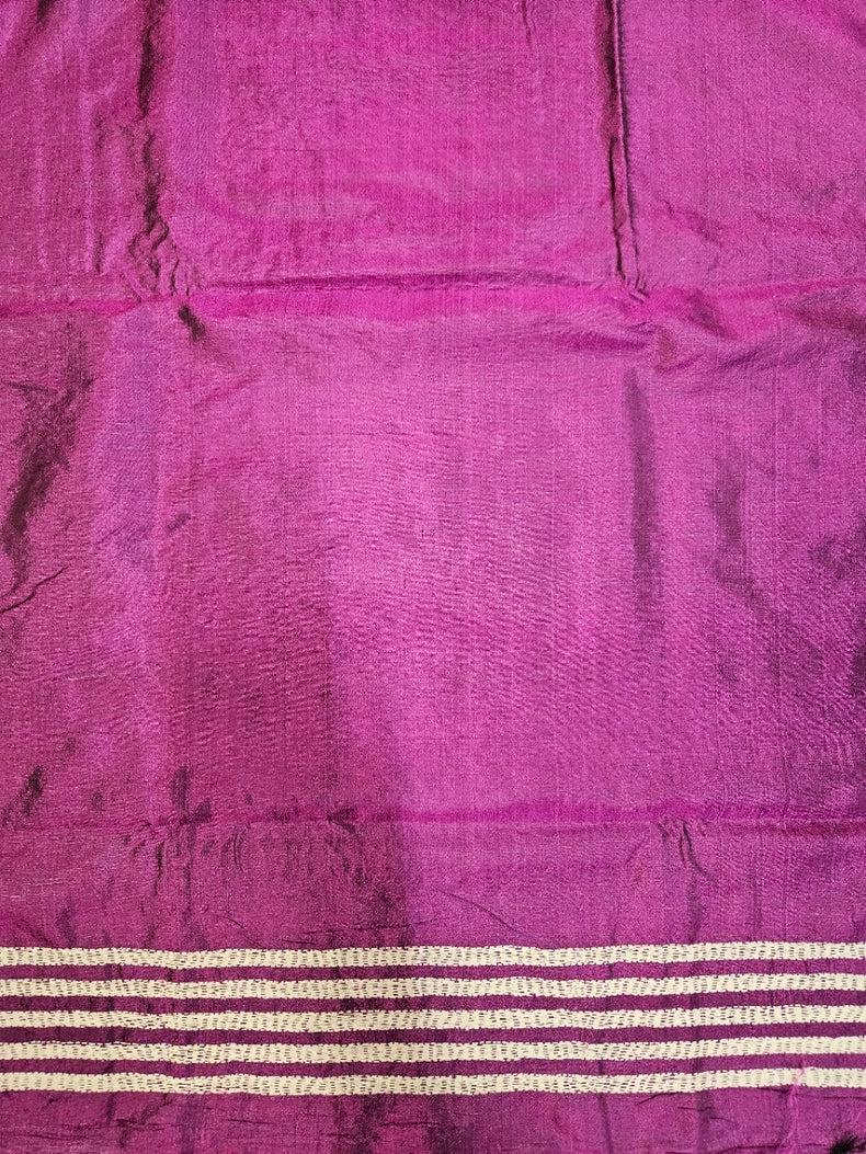 Purple & White Handstitched Kantha Silk Saree with Floral Motifs by Balaram Saha Balaram Saha