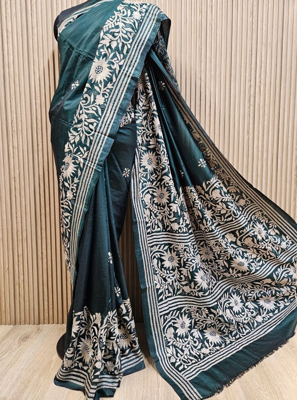 Green & Beige Handstitched Kantha Silk Saree with Floral & Paisley Motifs by Balaram Saha Balaram Saha