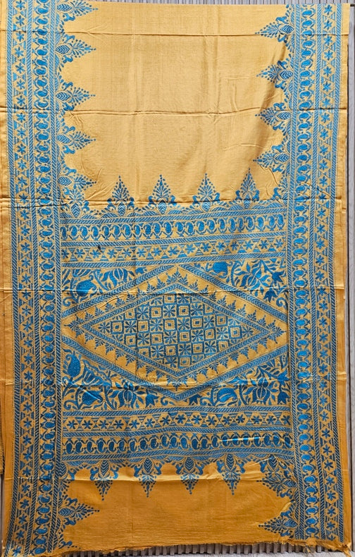 Black & Blue Handstitched Kantha Silk Saree with Intricate Nakshi by Balaram Saha Balaram Saha