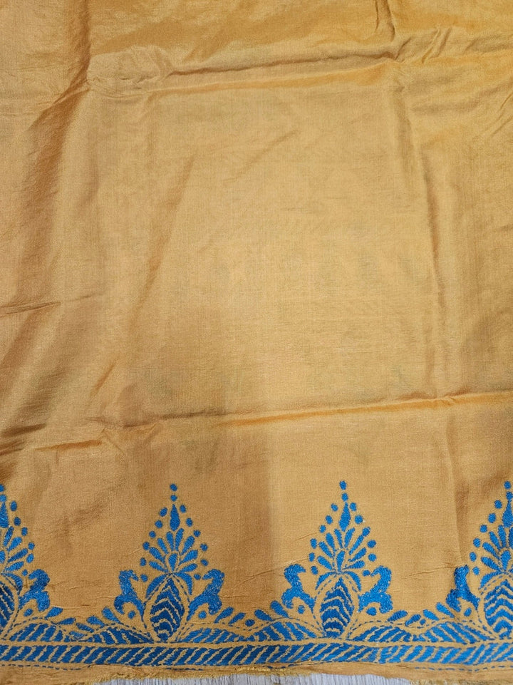 Black & Blue Handstitched Kantha Silk Saree with Intricate Nakshi by Balaram Saha Balaram Saha