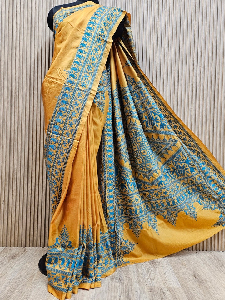 Black & Blue Handstitched Kantha Silk Saree with Intricate Nakshi by Balaram Saha Balaram Saha