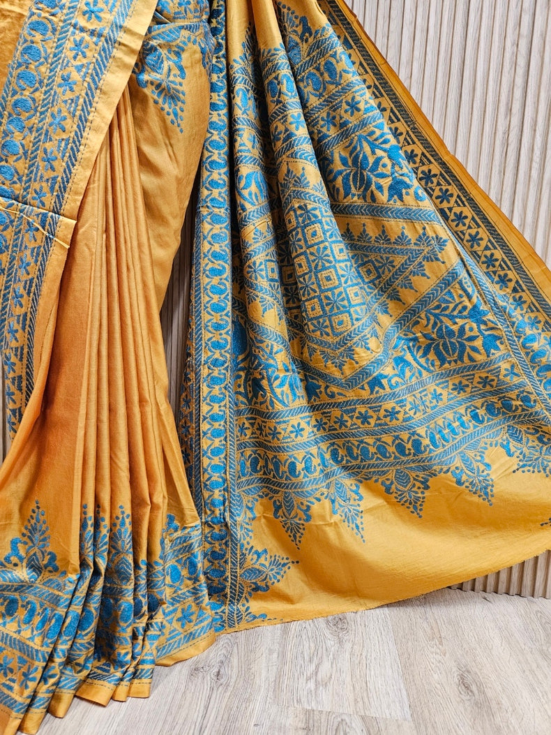 Black & Blue Handstitched Kantha Silk Saree with Intricate Nakshi by Balaram Saha Balaram Saha