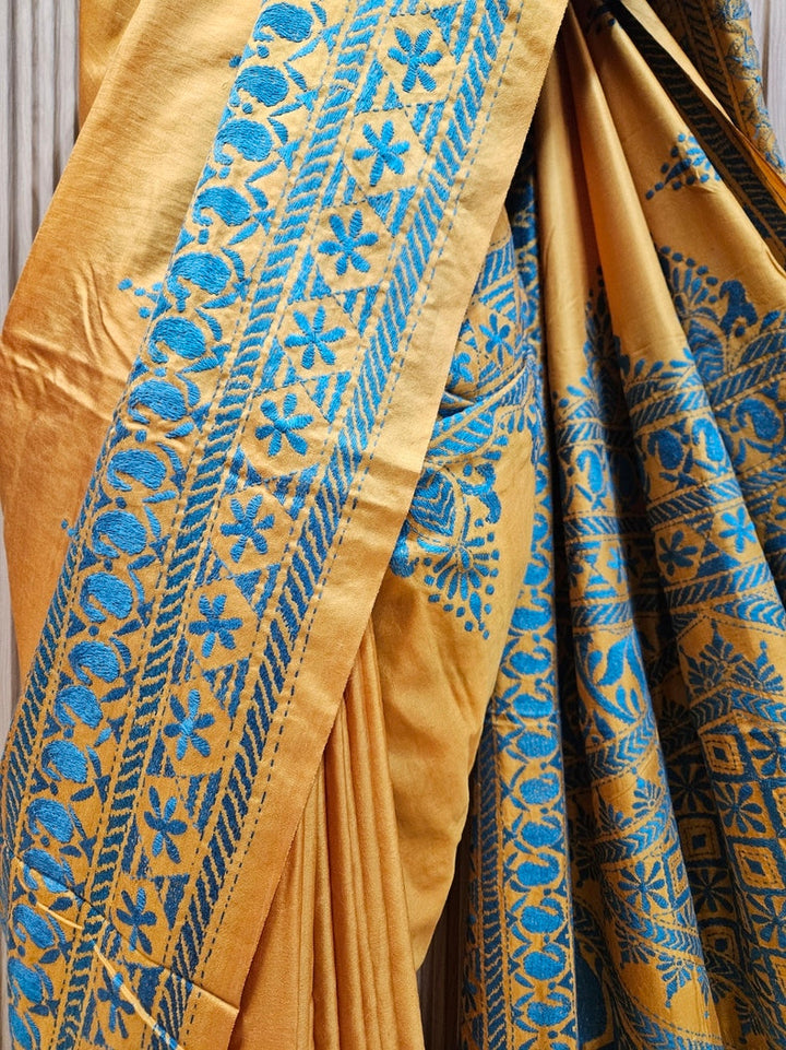 Black & Blue Handstitched Kantha Silk Saree with Intricate Nakshi by Balaram Saha Balaram Saha