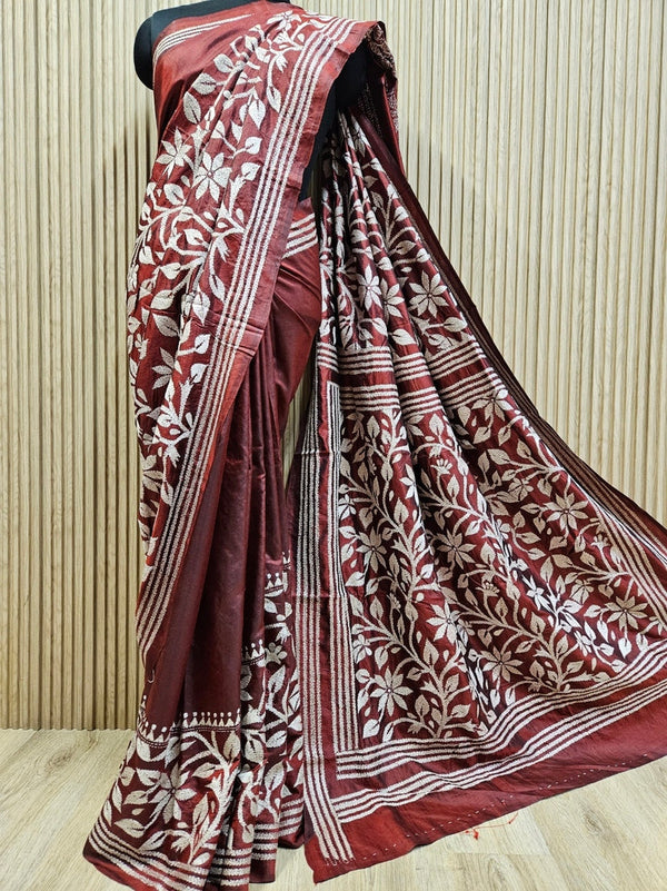 Brownish Black Pure  Handstitch Kantha Silk Saree Balaram Saha