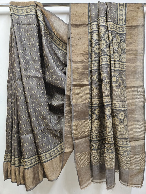 Original Ajrakh Print |Brown Pure Handloom Tussar Silk Saree Balaram Saha
