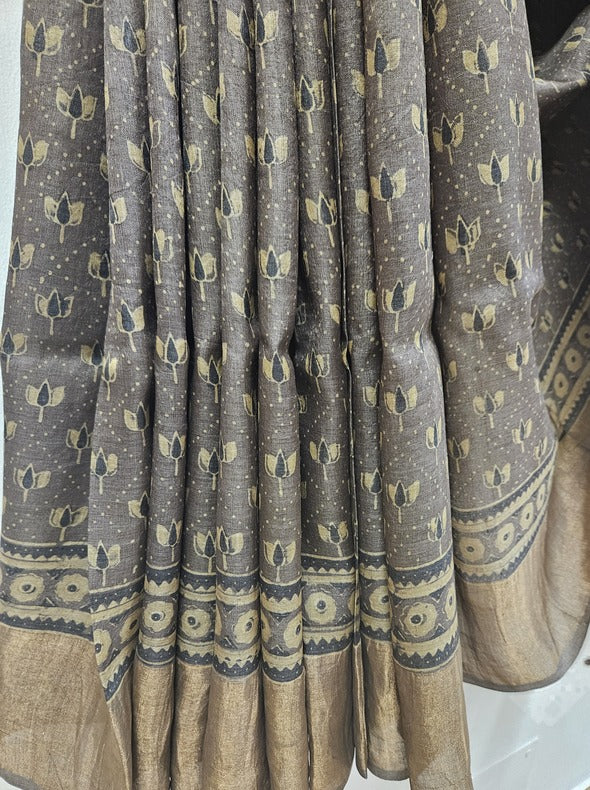 Original Ajrakh Print |Brown Pure Handloom Tussar Silk Saree Balaram Saha