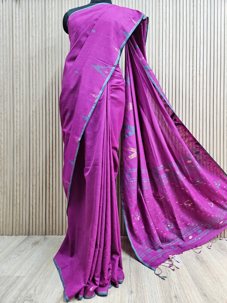 Purple & Green Hanwoven Tussar Silk Jamdani Saree Balaram Saha