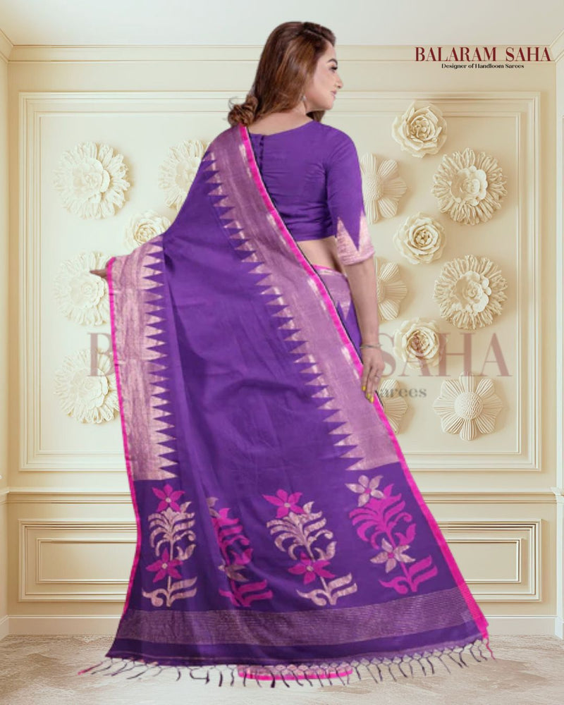 Purple & Pink Handloom Premium Cotton Saree With Temple Border Of Balaram Saha (handloom saree, cotton saree, handloom cotton saree, balaram saha online, handloom sarees, balaram saha handloom saree store photos, balaram saha handloom saree store, cotton handloom saree, bengal handloom sarees, pure cotton, Zari border, handloom cotton saree with zari border, soft cotton saree with zari border, cotton saree for women, cotton saree online)