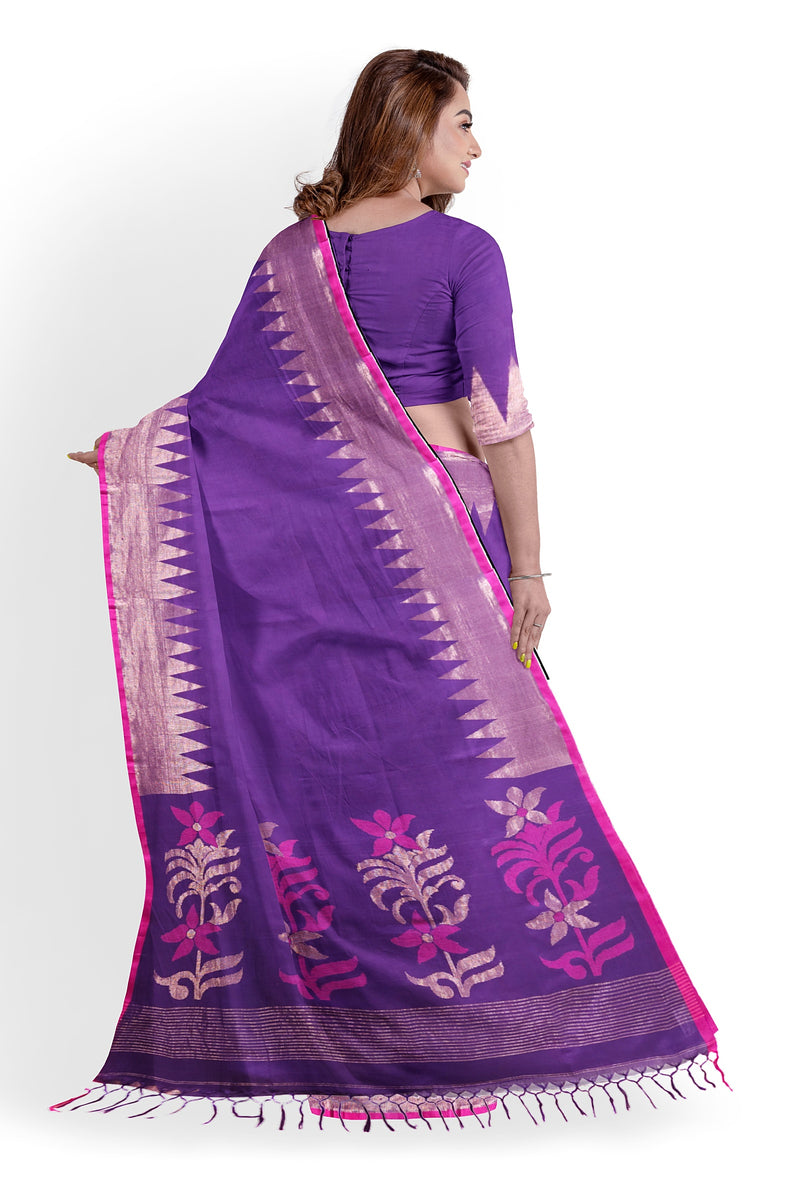 Purple & Pink Handloom Premium Cotton Saree With Temple Border Of Balaram Saha (handloom saree, cotton saree, handloom cotton saree, balaram saha online, handloom sarees, balaram saha handloom saree store photos, balaram saha handloom saree store, cotton handloom saree, bengal handloom sarees, pure cotton, Zari border, handloom cotton saree with zari border, soft cotton saree with zari border, cotton saree for women, cotton saree online)