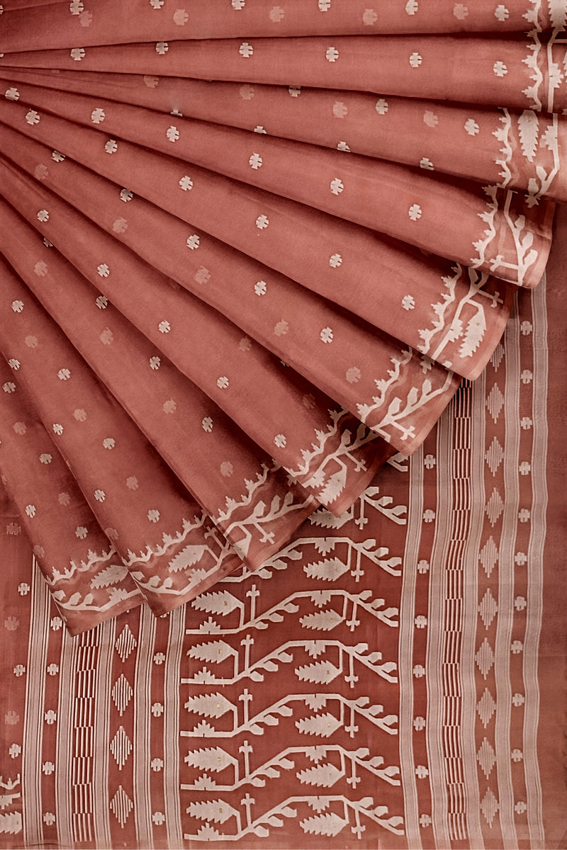 Red-brown Handwoven Muslin Silk Jamdani Saree - (muslin silk saree, jamdani saree, jamdani sarees, cotton jamdani saree, jamdani cotton saree, handloom cotton saree, balaram saha online, jamdani saree online, soft jamdani saree)