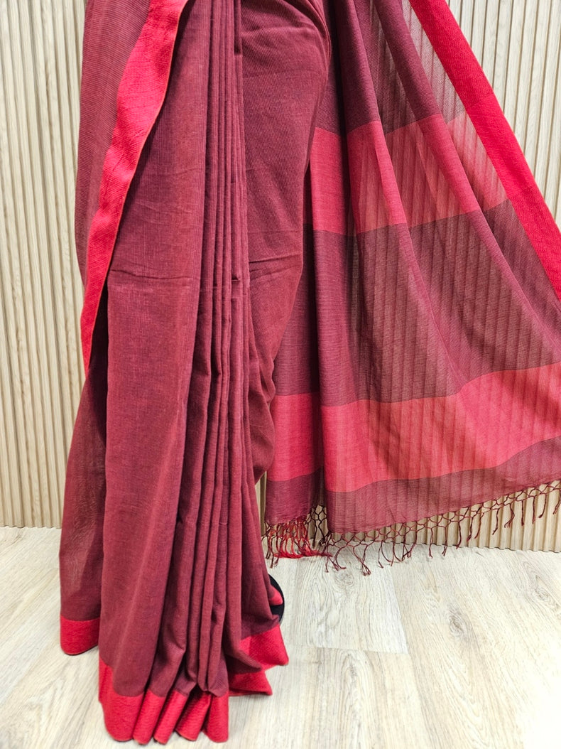 Balaram Saha: Red & Black Checks Cotton Saree - A Handwoven Gem Balaram Saha