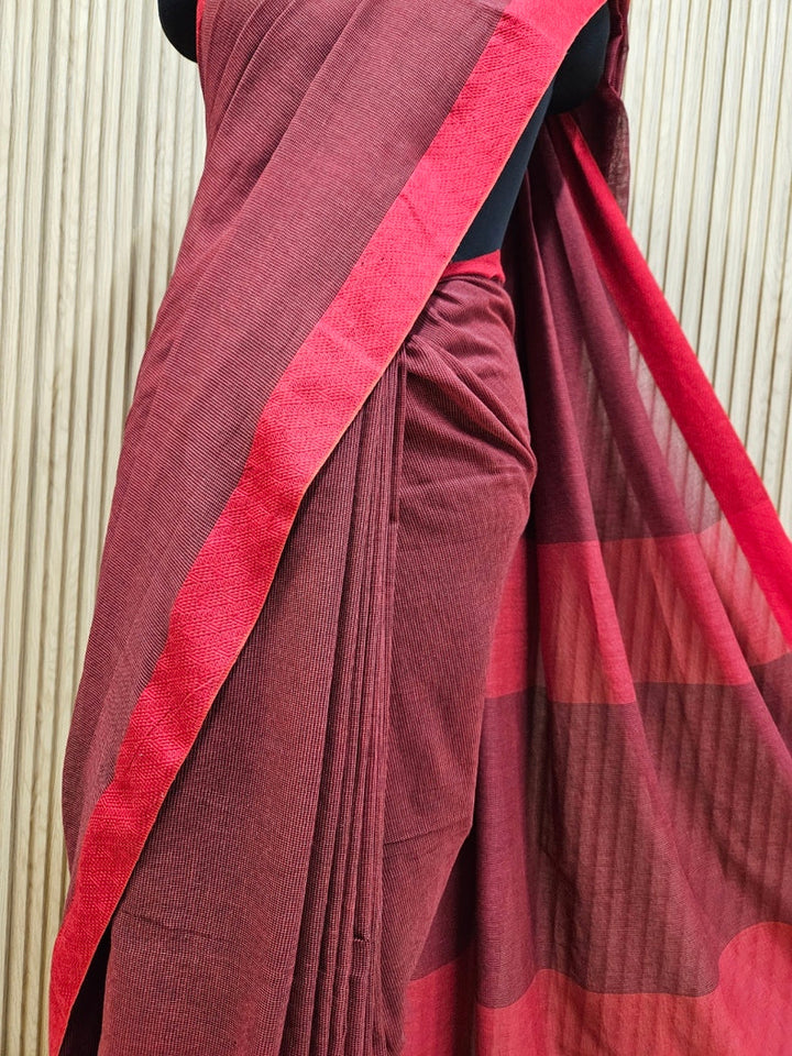 Balaram Saha: Red & Black Checks Cotton Saree - A Handwoven Gem Balaram Saha