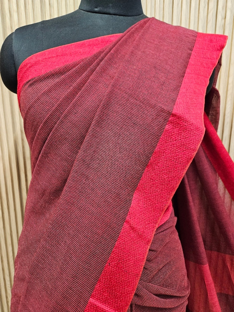 Balaram Saha: Red & Black Checks Cotton Saree - A Handwoven Gem Balaram Saha