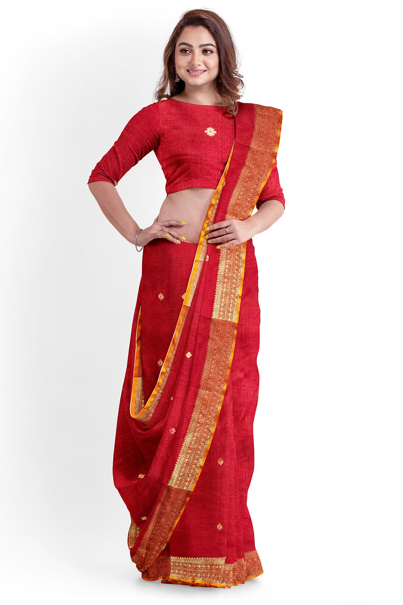 Red & Gold Zari Soft Handloom Cotton Saree With Woven Border Balaram Saha (handloom saree, cotton saree, handloom cotton saree, balaram saha online, handloom sarees, balaram saha handloom saree store photos, balaram saha handloom saree store, cotton handloom saree, bengal handloom sarees, pure cotton, cotton saree for women, cotton saree online)  https://www.telegraphindia.com/