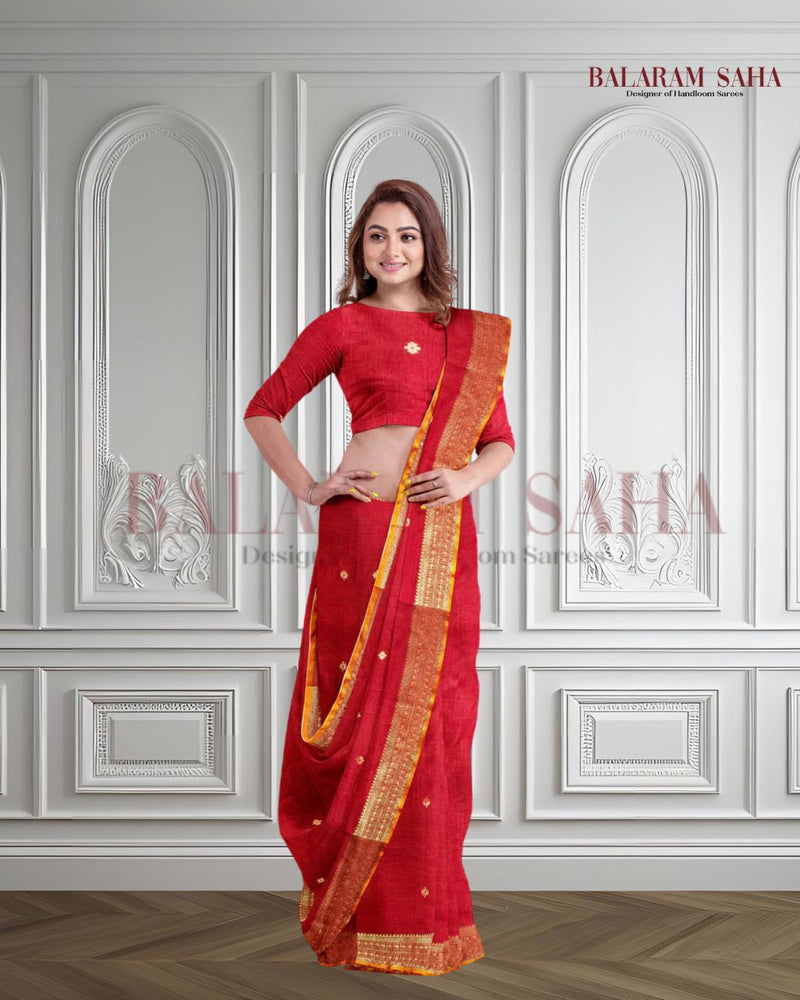 Red & Gold Zari Soft Handloom Cotton Saree With Woven Border Balaram Saha (handloom saree, cotton saree, handloom cotton saree, balaram saha online, handloom sarees, balaram saha handloom saree store photos, balaram saha handloom saree store, cotton handloom saree, bengal handloom sarees, pure cotton, cotton saree for women, cotton saree online)  https://www.telegraphindia.com/