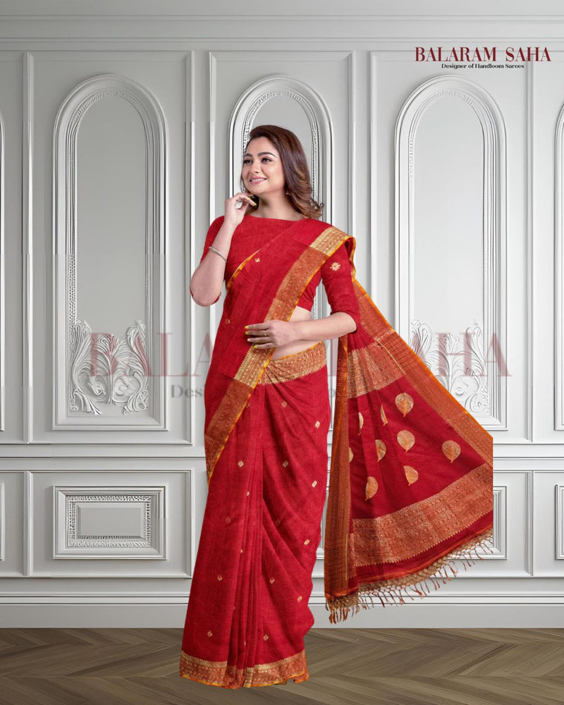 Red & Gold Zari Soft Handloom Cotton Saree With Woven Border Balaram Saha (handloom saree, cotton saree, handloom cotton saree, balaram saha online, handloom sarees, balaram saha handloom saree store photos, balaram saha handloom saree store, cotton handloom saree, bengal handloom sarees, pure cotton, cotton saree for women, cotton saree online)  https://www.tumblr.com/
