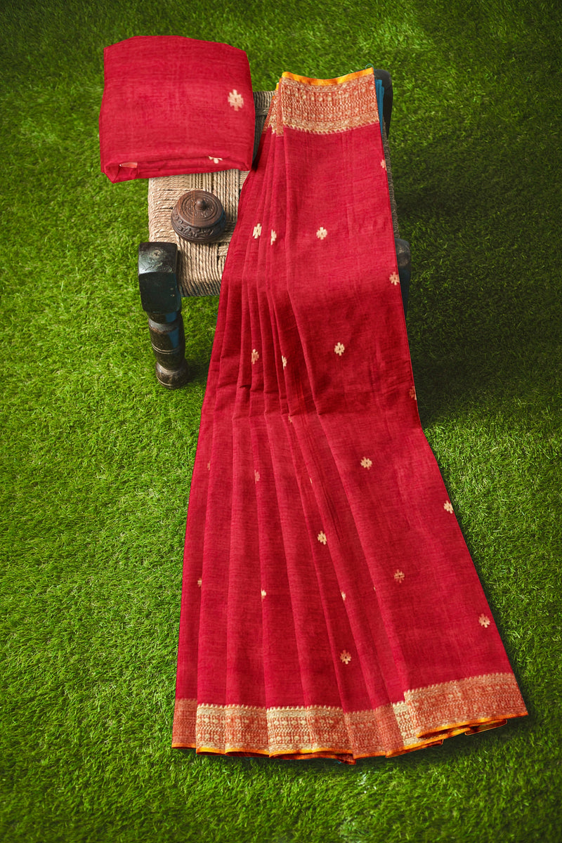 Red & Gold Zari Soft Handloom Cotton Saree With Woven Border Balaram Saha (handloom saree, cotton saree, handloom cotton saree, balaram saha online, handloom sarees, balaram saha handloom saree store photos, balaram saha handloom saree store, cotton handloom saree, bengal handloom sarees, pure cotton, cotton saree for women, cotton saree online)  https://www.reddit.com/